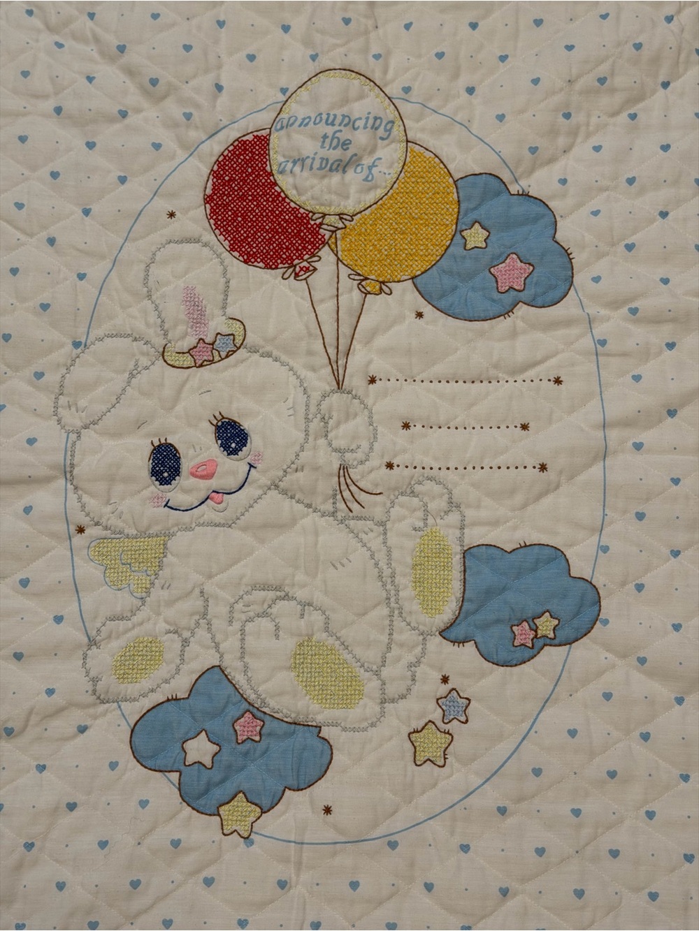 Vintage 1980s Handmade Cross Stitch Baby Quilt Blanket Bunny Balloons Nursery
